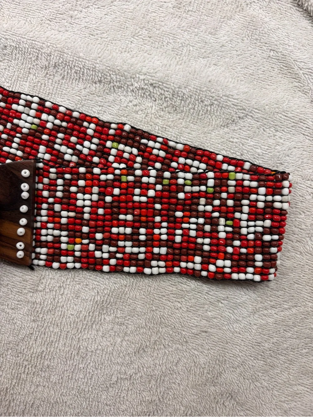 Beaded Red Multi-Color Wide Waist Belt with Wooden Buckle